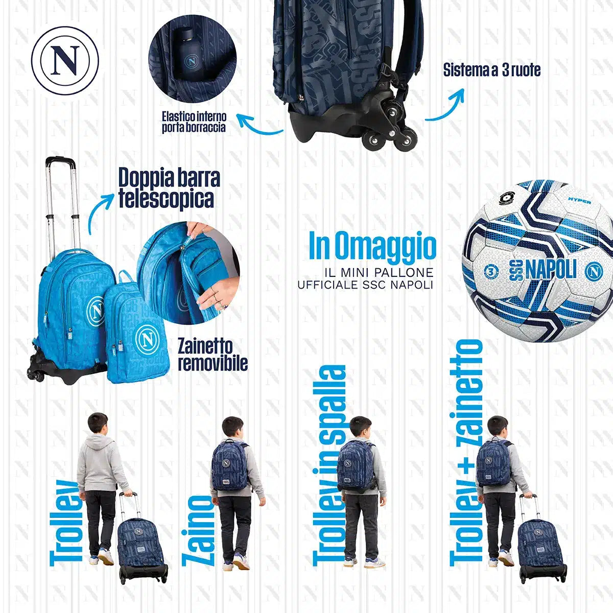Trolley scuola SSC Napoli 37 litri con pallone ufficiale omaggio