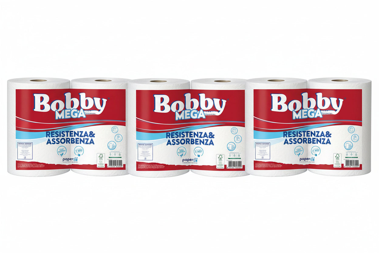Coppia Bobina Industriale Bobby Mega 2 Veli in Pura Cellulosa 10 Rotoli