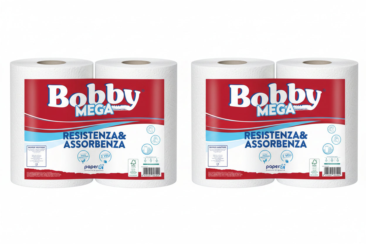 Coppia Bobina Industriale Bobby Mega 2 Veli in Pura Cellulosa 10 Rotoli