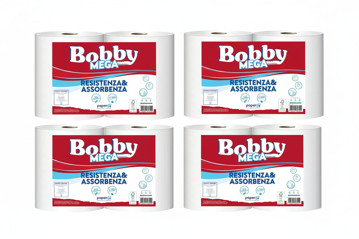 Coppia Bobina Industriale Bobby Mega 2 Veli in Pura Cellulosa 10 Rotoli