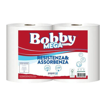 Coppia Bobina Industriale Bobby Mega 2 Veli in Pura Cellulosa 10 Rotoli